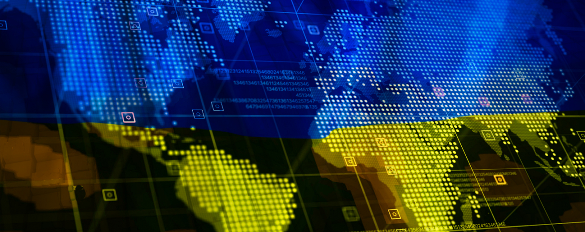 Infographie représentant le monde et en surimpression le drapeau de l'Ukraine Infographie représentant le monde et en surimpression le drapeau de l'Ukraine